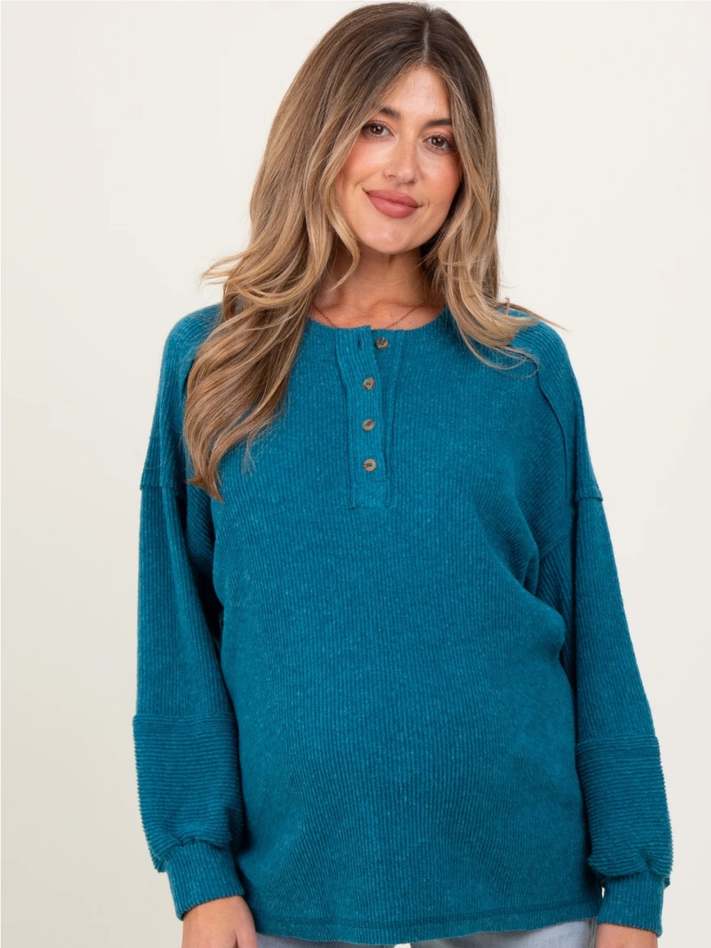 PinkBlush Teal Oversized Ribbed Knit Henley
Maternity Sweater